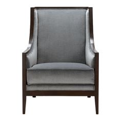 an upholstered chair with grey fabric and wood frame, viewed from the front