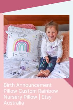 This rainbow birth announcement pillow has captured your baby girls birth stat details. A personalised baby cushion that will look beautiful in a rainbow themed nursery. #birthannouncementcushion #birthannouncement #birthannouncementpillow #rainbownurserydecor #babyannouncement #birthstatpillow #girlsbirthstatpillow #birthstat #birthstatdecor #birthdetailscushion #girlsbirthdetailscushion #rainbownaamecushion Rainbow Themed Nursery, Rainbow Nursery Decor, Nursery Pillow, Nursery Pillows, Themed Nursery, Personalised Baby, Nursery Themes