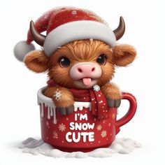 a cute little cow wearing a santa hat and sitting in a cup with the words i'm snow cute on it