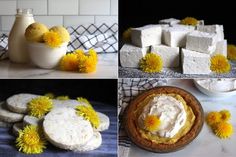 four different pictures with yellow flowers and marshmallows