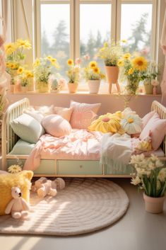 a child's room with sunflowers and stuffed animals on the floor, in front of a window