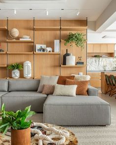 a living room filled with lots of furniture and plants on top of a wooden shelf