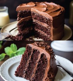 there is a chocolate cake on the plate with one slice cut out and another half eaten