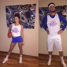 two photos of a man and woman in matching outfits, one holding a basketball while the other holds a ball