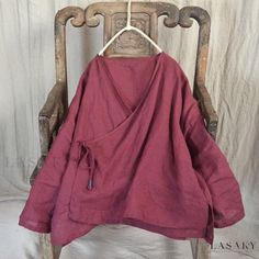 Lasaky - Womens Loose-Fit Linen Cotton Shirt with Asymmetrical Hem and Tie Closure Linen Shirts, Retro Tops, Shirts Long Sleeve, Vintage Blouse, Blouse Material, Linen Blouse, Neck Lace, Boho Stil, Retro Stil