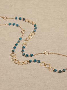 Blue Apatite & Chain Long Necklace | Aureus + Argent | Banana Republic Apatite Necklace, Beaded Necklace Designs, Trending Necklaces, Golden Jewelry, Beads Bracelet Design, Long Beaded Necklace, Long Necklaces, Nature Inspired Jewelry, Blue Apatite