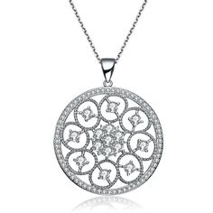 With exquisite details and intricate finishings, this piece truly embodies glamour. This sterling silver pendant features CZ accents. It comes with an 18 inch chain and has a spring ring closure. Only if necessary, use a suede cloth and delicately clean the surface of the jewel Item Should not come in contact with water Diamond White Necklace With Intricate Design, White Gold Necklace With Intricate Cubic Zirconia Design, Elegant Silver Diamond Necklace With Filigree, Sterling Silver Diamond Flower Pendant Necklace, Silver Necklace With Intricate Crystal Design, Elegant Silver Diamond Necklace With Intricate Design, Elegant Filigree Necklace With Cubic Zirconia, Elegant Filigree Cubic Zirconia Necklaces, Dazzling Silver Diamond Necklace With Elegant Design