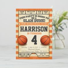 an orange and white basketball themed birthday party card with the number four on it's front