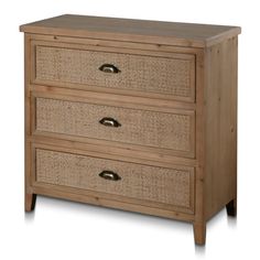 the three drawers are made out of wood and wicker