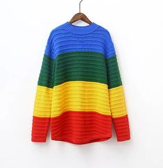 Striped Color Block Sweater For Winter, Winter Striped Color Block Sweater, Multicolor Ribbed Crew Neck Sweater, Multicolor Winter Sweater With Color Matching, Multicolor Crew Neck Sweater With Color Matching, Colorful Color Block Crew Neck Sweater, Multicolor Acrylic Color Block Sweater, Rainbow Long Sleeve Sweater For Fall, Rainbow Crew Neck Sweater For Fall