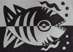 a drawing of a fish with black and white stripes on it's body, in the water