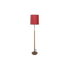 a floor lamp with a red shade on it