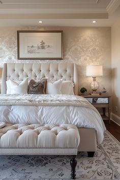 a large white bed sitting in a bedroom next to two lamps and a painting on the wall