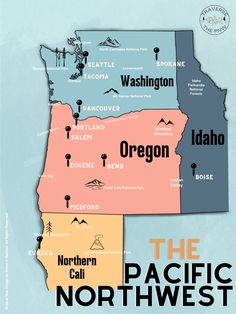 a map of the state of oregon with mountains, lakes and rivers labeled in red