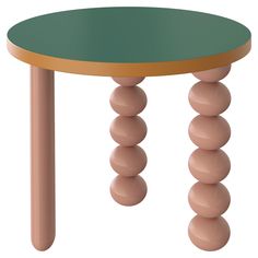 a round table with two wooden legs and three balls on the top, sitting in front of a white background