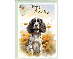 a happy birthday card with an image of a dog sitting in a field of flowers