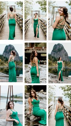 a woman in a green dress poses on a dock