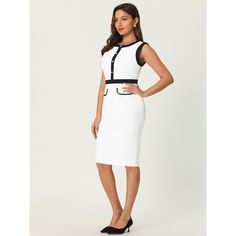 This dress can be a perfect addition to almost any outfit from formal to daily wear, great for work, meeting, office, businesses, work, party, cocktail, wedding, casual, daily dressing, etc. Pair with delicate necklace and heels for a chic office look. Comfortable and classic, this sheath dress is perfect on its own or as a layer under a blazer or jacket. White V-neck Sleeveless Dress For Work, White Sleeveless Sheath Dress, Elegant Sleeveless Black And White Mini Dress, White Stretch A-line Sleeveless Dress, White Stretch V-neck Sleeveless Dress, Meeting Office, Pleated Dress Short, Women's Office, Wedding Casual