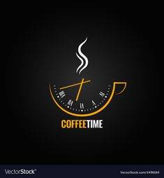 coffee time logo design with clock and hot drink on black background for cafe or restaurant