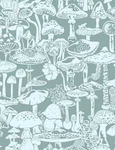 a blue and white wallpaper with many different types of mushrooms