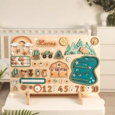 a wooden toy with lots of magnets on it