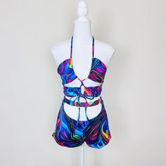 Blue & Pink Trippy Swirl Strappy Cut Out Halter Top & Shorts Set Size M Nwot - Never Worn Can Be Used As A Rave/Festival Set Or Swimwear! 92% Polyester, 18% Spandex Q-30 Rave Set Outfit Festival Edc Punk Goth Grunge Hardware O-Ring Dark Alt Bass Festival Party Edm Costume Exotic Dance Fitted Multicolor Shorts For Beach Season, Rave Style Multicolor Swimwear For Vacation, Blue Shorts For Beach Party In Spring, Blue Shorts For Spring Beach Party, Fitted Multicolor Beach Shorts, Multicolor Short Swimwear For Festival, Colorful Shorts For Beach, Summer Party Multicolor Shorts, Multicolor Swim Shorts For Spring