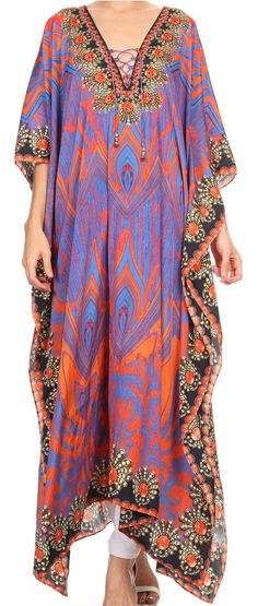 Sakkas gorgeous long flowy beautiful caftan swimwear dress Size Type: One SizeSize: US (0-3X), EU (34-54), UK (6-26)Max bust size: 54 inches (138cm)Length: 56 inches (142 cm) Approximately, Measured shoulder to hem. Department: Women'sItem Type: DressFit Type: Long & RelaxedSleeve Length: Short SleeveSleeve Type: Bell SleeveMaterial: 100% Poly CrepeMaterial Opacity: OpaqueNeckline: Scoop NeckWash Care: Hand wash separately in cold water. Line dry. Pattern: Patterned, GeometricOccasion: Casua Bojo Style, Long Caftan Dress, Ladies Caftan, Latest Summer Fashion, Bohemian Style Clothing, Hippy Chic, Summer Fashion Beach, Type One, Swimwear Dress