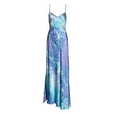 ▪ Roberto Cavalli blue and purple silk maxi dress ▪ Acid wash print with gold glitter ▪ Open back with drape ▪ V neck ▪ Long ties with crystal charms criss-cross at back ▪ Asymmetric hemline ▪ Size Medium ▪ Spring-Summer 1999 ▪ 100% Silk ▪ Made in Italy Vintage Roberto Cavalli, Iridescent Summer, Roberto Dress, Edgy Glam, Roberto Cavalli Dress, Cavalli Dress, Silk Evening Gown, Evening Mini Dresses, Quilt Dress