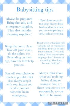 the babysitting tips list is shown in blue and white checkered paper with text