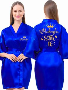 Embrace elegance with this stunning Royal Blue with Gold Quinceañera robe, perfect for making your special day unforgettable. The rich royal blue fabric is beautifully accented with luxurious gold details, creating a regal look. This robe is fully personalized, ensuring it reflects your unique style and personality for your Quinceañera celebration. Includes : RobeAll the items are hand-made.Can be personalized with name and date of your celebration.We can decorate this set with any color or text Blue Satin Bridesmaid Gown, Elegant Blue Gown For Ceremony, Royal Blue Ball Gown For Wedding, Blue Satin Wedding Gown, Elegant Blue Gown For Wedding Night, Royal Blue Formal Gown, Elegant Blue Wedding Robe, Blue Dress With Gold Embroidery For Wedding, Elegant Blue Robe For Wedding Night