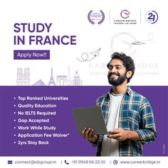 a man holding a laptop in front of a purple and white background with the words study in france apply now