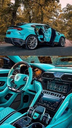 the inside and outside view of a blue sports car