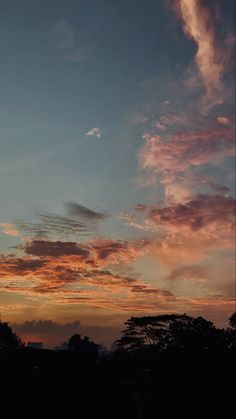 an airplane is flying in the sky at sunset with clouds and trees behind it as the sun sets