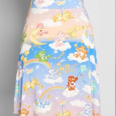 A-Line Skirt Boasts An Exclusive Hand-Drawn Print Of All Your Favorite Care Bears With Blue And Pink Ombre Background! Made From A Soft And Stretchy Viscose-Blend Fabric And Featuring A Comfortable Elasticized Waist, And A Swingy Silhouette, This Darling Mini Skirt Is Always A Sweet Choice! Size Xl Cute Multicolor Lined Skirt, Cute Multicolor Mini Skirt, Cute Fitted Multicolor Mini Skirt, Cute Fitted Multicolor Skirt, Cute Multicolor Skirt, Playful Multicolor Mini Skirt, Pink Ombre Background, Care Bears Vintage, Soft Kidcore