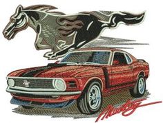 two mustangs side by side, one is red and the other is black with a horse on it