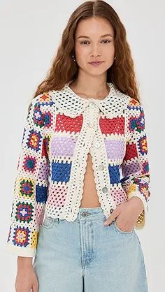 ESCVDO Plaza Crochet Cardigan | Shopbop Crochet Shorts, Flower Crochet, Crochet Shirt, Granny Squares, Mink Pink, Farm Rio, Crochet Granny, China Fashion, Crochet Cardigan