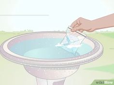 a person is cleaning a water fountain with a sponge and a spray bottle in it