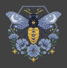 a cross stitch pattern with a bee in the center and flowers around it on a gray background