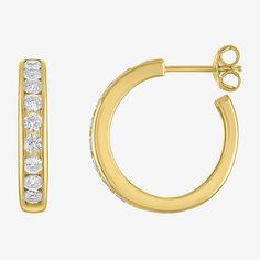 This pair of hoop earrings by Yes, Please! will add an elegant touch to any evening outfit. Made from 14K Yellow Gold Over Silver, these earrings come set with round-cut Lab Created White Sapphires. Style with an evening dress or a blouse and jeans. Features: In A Gift BoxEarring Back: PostSetting: ChannelStone Cut: RoundMetal Color: WhiteEarring Length: 20mmEarring Width: 3.5mmCare: Wipe CleanStone Type: 18 Lab Created SapphireAuthenticity: Lab Created StoneEarrings Style: Hoop EarringsMetal: 1 Classic Channel Set Hoop Earrings, Classic Small Hoop Earrings With Channel Set, Gold Channel Set Hoop Earrings For Anniversary, Yellow Gold Hoop Earrings With Channel Set, Gold Hoop Jewelry With Channel Set, Gold Small Hoop Earrings With Channel Set, Classic Gold Hoop Earrings Channel Set, Gold Hoop Diamond Earrings Channel Set, Gold Hoop Huggie Earrings With Channel Set