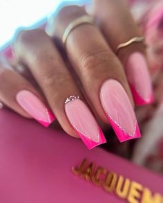 For a classy yet cute summer look, these pink French tips with rhinestones are a great choice. The nails feature a light pink base with hot pink French tips, adorned with delicate rhinestones that add a touch of glamour. This summer pink acrylic nails design is perfect for special occasions and everyday elegance.  Photo credit by: @karolinawiatr_instruktor Pink French Tips With Rhinestones, Summer Pink Acrylic Nails, Nails In Orange, Pink Acrylic Nails Designs, French Tips With Rhinestones, Short Summer Acrylic Nails, Hot Pink French Tips, With Acrylic Nails, Acrylic Nails For Summer