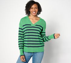 Curate a collegiate look with this classic striped sweater. From cool spring evenings to crisp fall afternoons, this top takes the guesswork out of what to wear when you want to feel comfortable, casual, and cute. From Studio Park. Affordable Relaxed Fit Collegiate Sweater, Casual Striped Sweater For Spring, Casual Knit Tops For College, Casual Sweater With Striped Collar, Casual Spring Sweater With Striped Collar, Trendy Sweater For College In Spring, Trendy College Sweater For Spring, Trendy Spring Sweater For College, Preppy Knit Tops For Spring