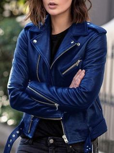 Women's Jackets Cool Zip Crop Slim Leather Jacket Blue Leather Jacket, Moto Biker Jacket, Fitted Coat, Maxi Robes, Leather Biker Jacket, Winter Jackets Women, Fall Jackets