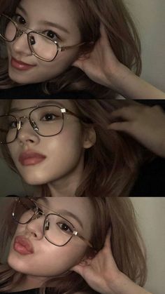 three photos of a woman with glasses on her face and hands behind her head, both looking at the camera