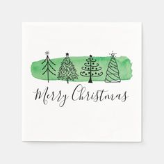 a green christmas card with trees on it