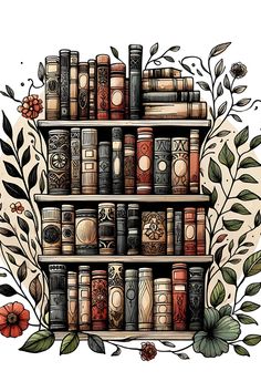 a book shelf filled with lots of books on top of each other next to flowers