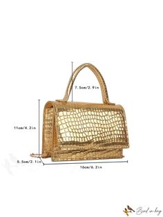 BirdinBag - Compact Crocodile Embossed Flap Bag - Chic and Metallic Evening Crossbody Bag With Crocodile Pattern, Rectangular Shoulder Bag With Crocodile Pattern, Rectangular Crocodile Pattern Shoulder Bag, Evening Handheld Bag With Crocodile Pattern, Gold Handheld Box Bag With Adjustable Strap, Evening Satchel Bag With Crocodile Pattern, Chic Gold Bag With Crocodile Pattern, Gold Satchel With Adjustable Double Handle, Gold Crocodile Pattern Shoulder Bag For Evening