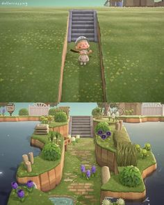 an animal crossing game is shown in two separate screens, one showing the steps leading up to