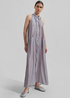 Temi Sheer Halter Dress - Grey Summer Silk Midi Shirt Dress, Silk Midi Shirt Dress For Summer, Summer Collared Silk Dress, Sheer Sleeveless Silk Maxi Dress, Sleeveless Sheer Silk Maxi Dress, Chic Sleeveless Maxi Dress With Button Closure, Elegant Sleeveless Dress With Button Closure For Daywear, Sleeveless Buttoned Maxi Dress For Daywear, Sleeveless Maxi Dress With Buttons For Daywear