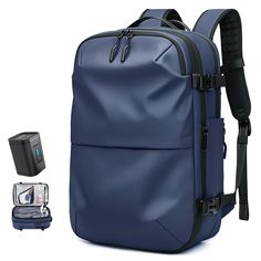 the back pack is blue and has two compartments for items to be packed into it