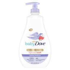 Baby Dove Night Time Body Wash An ultra-gentle wash that combines sensitive skin care with a calming scent - perfect for your baby's bedtime routine. Features and further details Tip-to-toe bedtime baby wash helps skin maintain moisture overnight Made with 100% skin-natural nutrients*, perfect for delicate baby skin Caring, tear-free, hypoallergenic soap for babies with sensitive skin Infused with a calming chamomile scent Dermatologist tested and pediatrician recommended soap for babies Certified cruelty-free by PETA Ingredients: Water (Aqua), Glycerin, Petrolatum, Stearic Acid, Glycol Stearate, Dimethicone, Isopropyl Isostearate, Caprylyl Glycol, Triethanolamine, Phenoxyethanol, Disodium EDTA, Fragrance (parfum), Magnesium Aluminum Silicate, Carbomer, Tapioca Starch, Glyceryl Stearate, C Dove Sensitive Skin, Liquid Body Wash, Baby Body Wash, Soothing Baby, Gentle Baby, Baby Bath Time, Baby Lotion, Baby Shampoo, Sensitive Skin Care